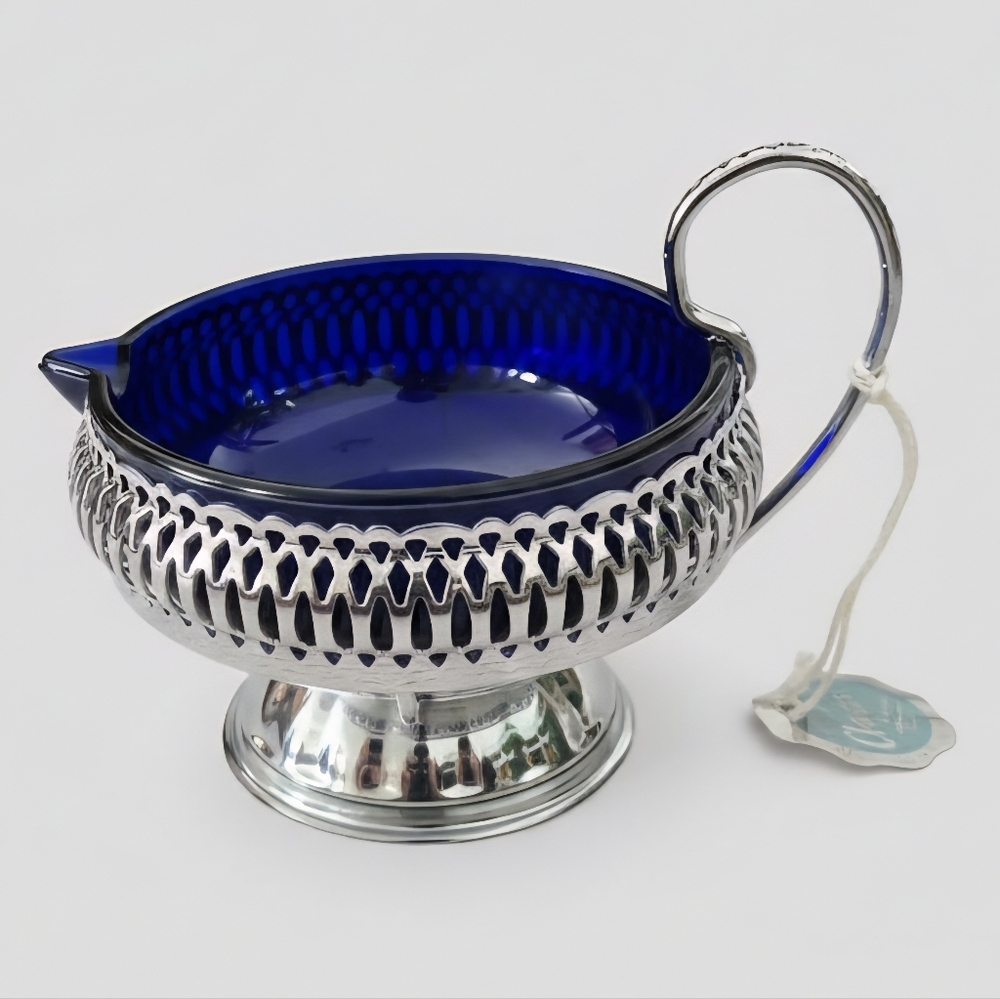 Moyell Classic Cobalt Blue Glass Chrome Creamer Sugar Bowl Filigree England NOS - Picture 11 of 11